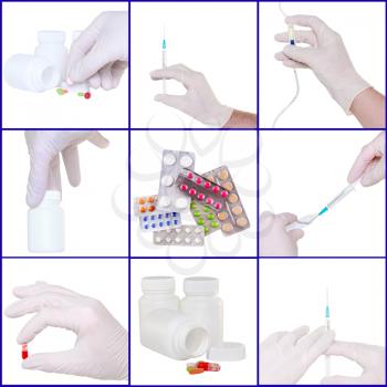 Collage of medicine- pills bottle,infusion set, hands with syringe syringes.Isolated