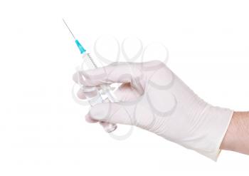Syringe in a hand in medical gloves, , ready for injection with medication. white background