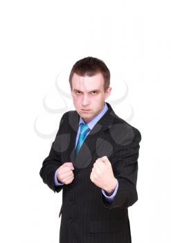 Angry  businessman in boxer position. Isolated over white