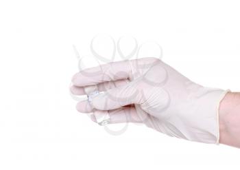 Hand in medical gloves, with ampule on white background. Isolated