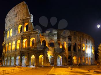 The Colosseum, the world famous landmark in Rome. Night view .Panorama