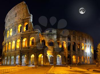 The Colosseum, the world famous landmark in Rome. Night view .Panorama