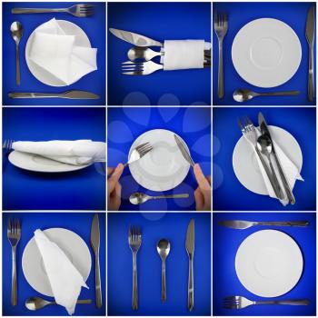 Composition of forks, knifes, spoons on blue background.