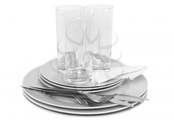 Pile of white plates, glasses with forks and spoons on silk napkin. Isolated over white