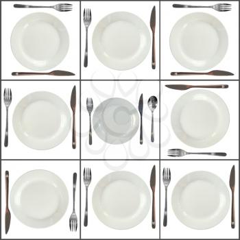 Composition of forks, knifes, spoons, plates  on white background.