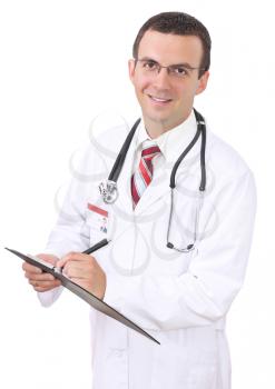 Portrait of medical doctor. Write on paper pad. Isolated over white