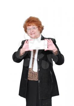 Senior lady standing with blank card. Isolated over white