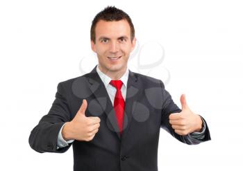 Cheerful businessman gesture show OK!  Isolated over white.