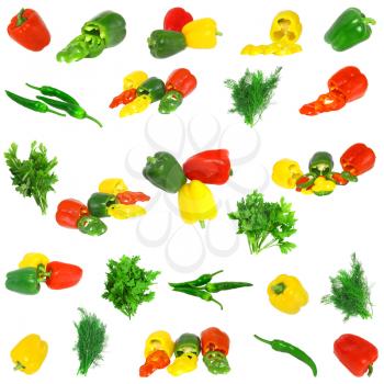 Collage-sweet coloured peppers with dill and parsley. Isolated
