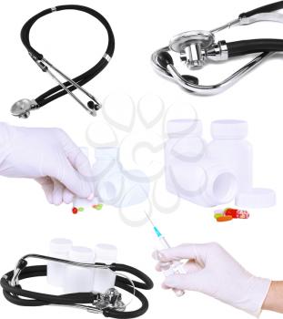 Collage of medicine- pills bottle,infusion set, hands with syringe syringes.Isolated