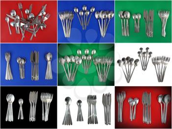 Composition of forks, knifes, spoons on multicolour background.