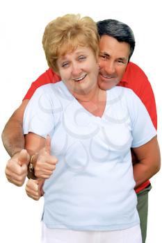 Elderly couple showed up and thumbs-up All just fine!. Isolated over white
