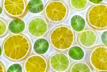 Abstract fractal rendered fruit mix-lemon, orange, kiwi on white background(as wallpaper or backdrop).