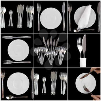 Composition of forks, knifes, spoons on black background.