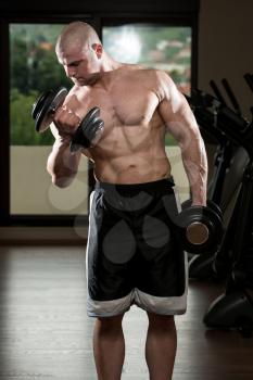 Muscular Man Doing Heavy Weight Exercise For Biceps With Dumbbells In Gym