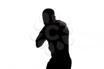 Silhouette Muscular Boxer MMA Fighter Practice His Skills - Isolated On White Background