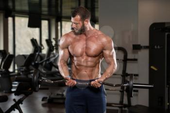 Muscular Man Doing Heavy Weight Exercise For Biceps With Barbell In Modern Gym