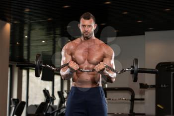 Muscular Man Doing Heavy Weight Exercise For Biceps With Barbell In Modern Gym