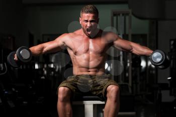 Young Muscular Man Doing Heavy Weight Exercise For Lower Shouder With Dumbbells In Gym