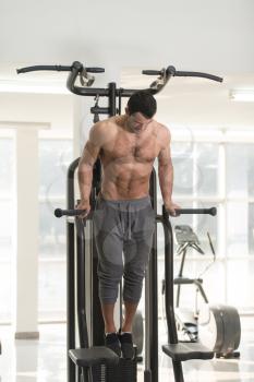 Hairy Muscular Fitness Bodybuilder Doing Heavy Weight Exercise For Triceps And Chest on Parallel Bars In The Gym