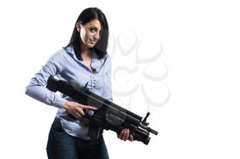 Woman Isolated on a White Background With a Handgun as She Turns and Aims Off Camera