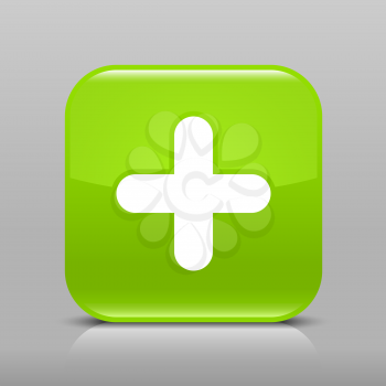 Green glossy web button with plus sign. Rounded square shape icon with shadow and reflection on light gray background
