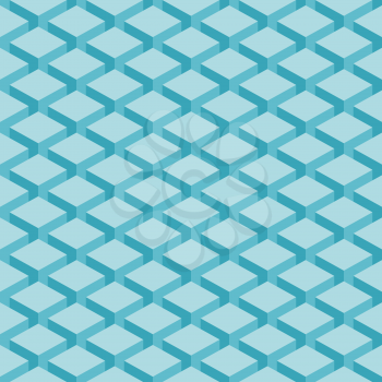 Seamless pattern blue background. Surface with 3-D effect cubes in perspective. Old retro wallpaper with repetition geometric shape