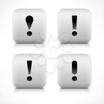 Stone web 2.0 button exclamation mark symbol sign. White rounded square shape with black shadow and gray reflection on white background