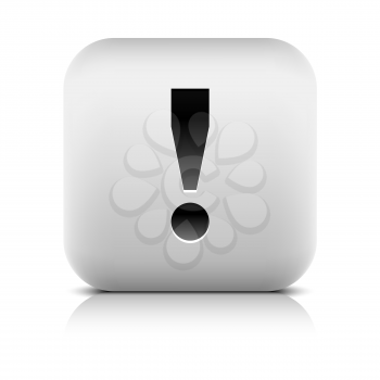 Attention icon with exclamation mark sign . Rounded button shape with black shadow and gray reflection on white background. Series in a stone style