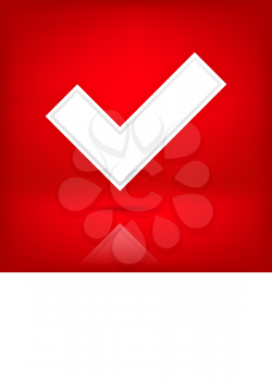 White check mark sign. Web icon button. Satin shape with black shadow and transparent reflection on dark red background