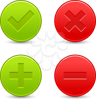 Satin validation icons. Red and green web buttons with shadow on white background. Check mark, delete, plus and minus signs for internet