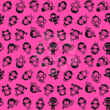 Cupids set, black on pink background, wrapping paper