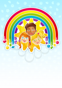 Three happy children in a rainbow and the sun - template