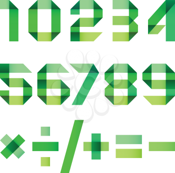Spectral numbers folded of paper green ribbon - Arabic numerals (0, 1, 2, 3, 4, 5, 6, 7, 8, 9).