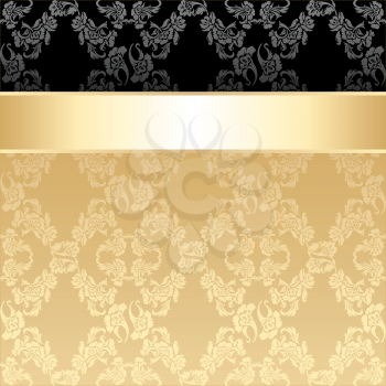 Seamless pattern, floral decorative background, gold ribbon