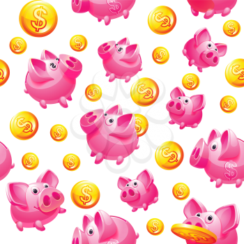 Piggy Bank and coins in white Seamless background, vector