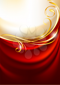 Red fabric curtain on gold background. Eps10. Design element