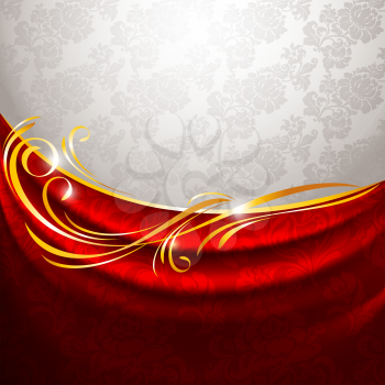Red fabric drapes on gray background, vector 10eps