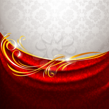 Red fabric drapes on gray background, vector 10eps
