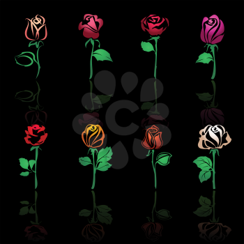 Icon set, black roses with reflections on a black background