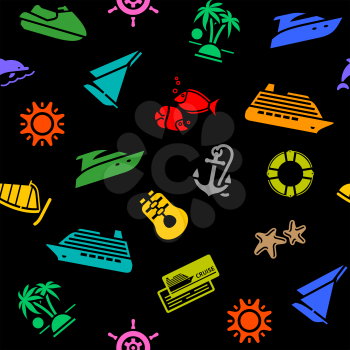 Seamless background, transport colorful icons on a black backdrop, wrapping paper. Vector illustration