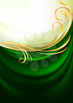 Green fabric curtain, vector background. Gold vignette