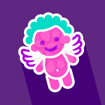 Colored sticker angel on violet background, vector illustration