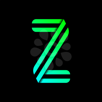 New font folded from two paper tapes. Trendy alphabet, green vector letter Z on a black background.