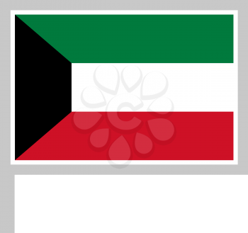 Kuwait flag on flagpole, rectangular shape icon on white background, vector illustration.