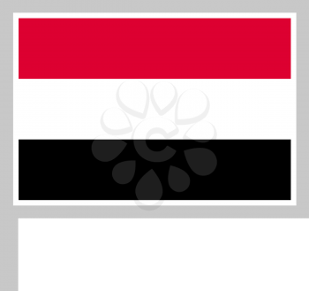 Yemen flag on flagpole, rectangular shape icon on white background, vector illustration.