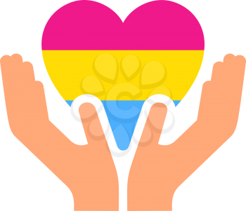 Pansexuality pride flag, in heart shape icon on white background, vector illustration