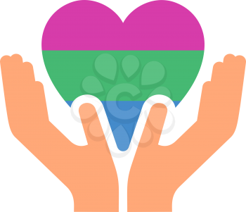 Polysexual pride flag, in heart shape icon on white background, vector illustration
