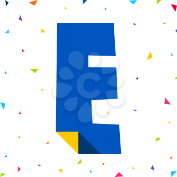 Colored Font, letter E cut from colored paper with bent angle, uppercase
