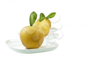 Apple Pears line up in separate plate on white background